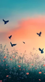 Sunset Birds Over Flowers