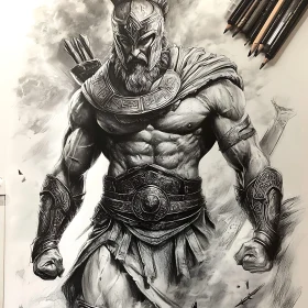 Monochrome Warrior Drawing with Detailed Armor