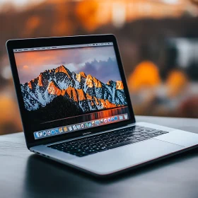Laptop with Mountain Sunset Background