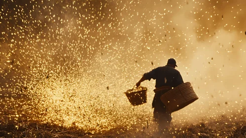 Man Walking Through Golden Sparks