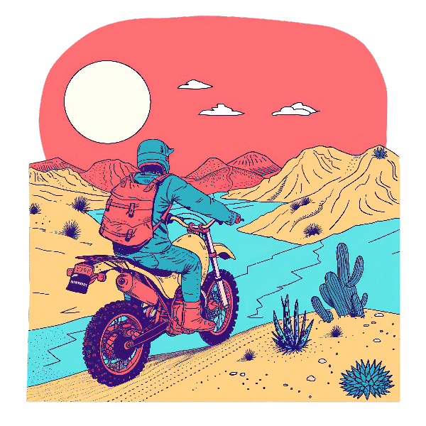 Retro Motorcycle Adventure in Vibrant Desert Landscape POD Design