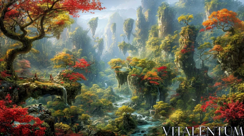 Fantasy Landscape in a Lush Green Forest with Waterfalls AI Image