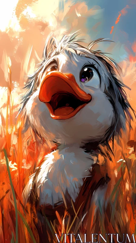 Charming Duck in a Sunset Field AI Image