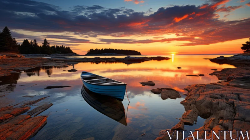 Serene Seascape: Boat by the Water Under Richly Colored Skies AI Image
