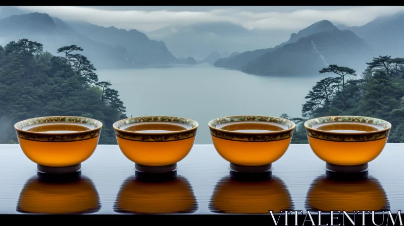 Serene Tea Cups by the Lake: A Captivating Image of Traditional Chinese Landscape AI Image