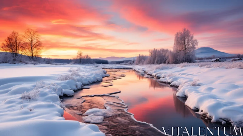 AI ART Tranquil Winter Sunset over River - A Neo-Romantic Norwegian Landscape
