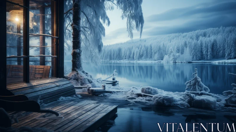 AI ART Winter Tranquility - Serene Cabin Overlooking Lake