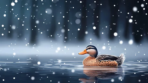 Peaceful Winter Lake with Duck