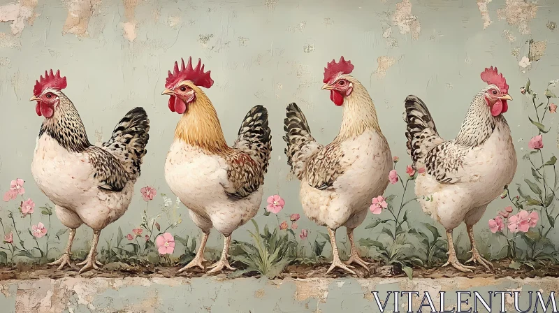 Elegant Chickens Amongst Blossoms AI Image