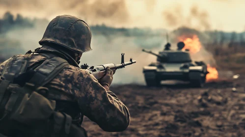 Soldier Aiming at Tank on Fire