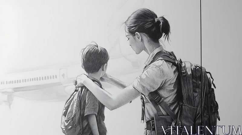 AI ART Monochrome Airport Sketch: Mother's Farewell