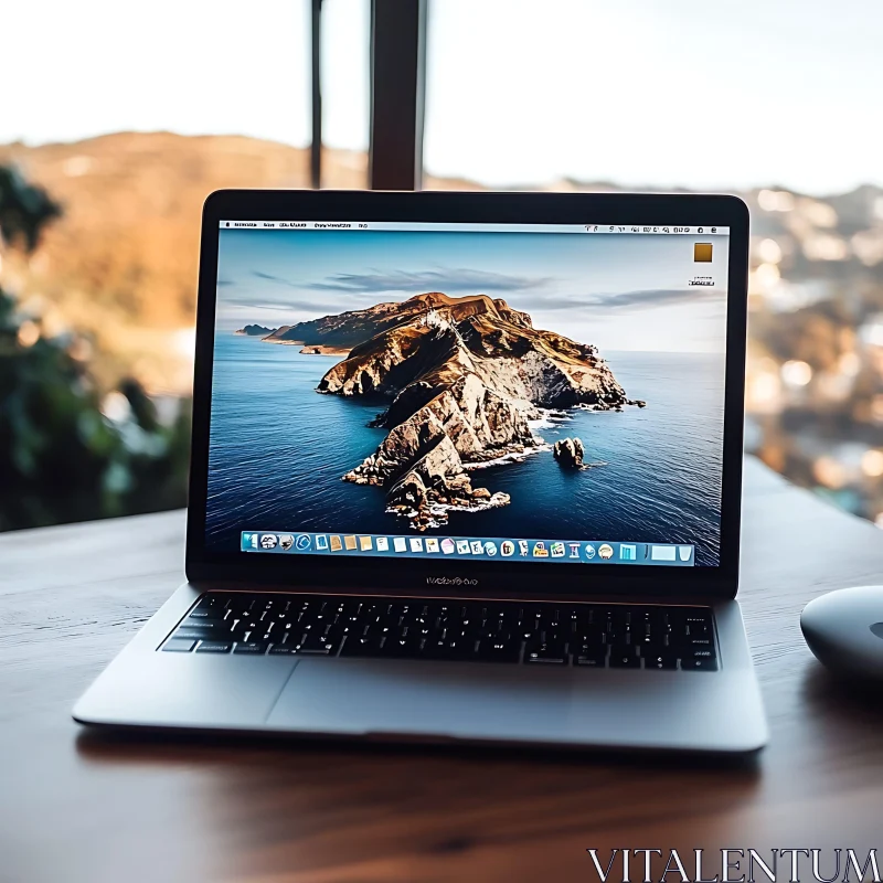 Modern Workspace with MacBook and Scenic Wallpaper AI Image