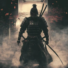 Armored Samurai with Katanas in Mist