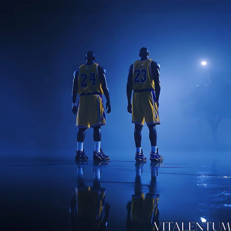 Night Game Reflections: Basketball Duo AI Image