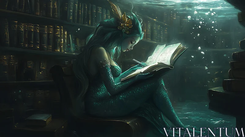 AI ART Aquatic Scribe: Mermaid in Submerged Library