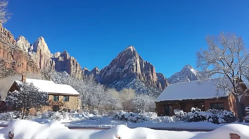 Winter Mountain Scene with Snow-Covered Cabins