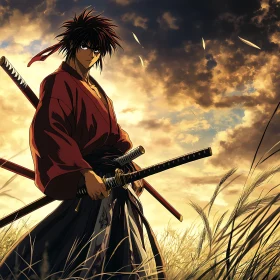 Anime Samurai with Swords in Field