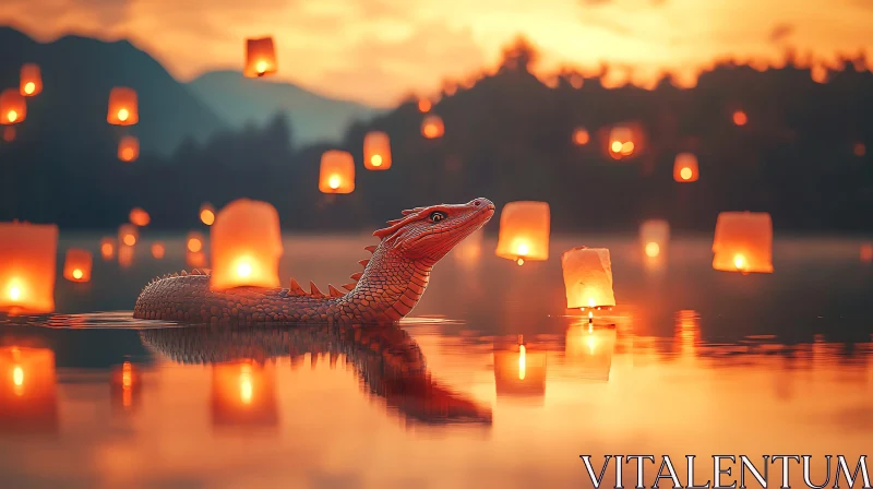 AI ART Floating Lanterns and Dragon on Lake