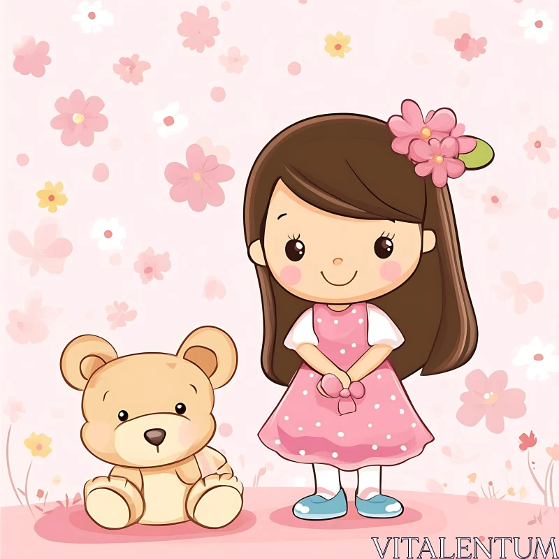 AI ART Cute Girl with Teddy Bear Illustration