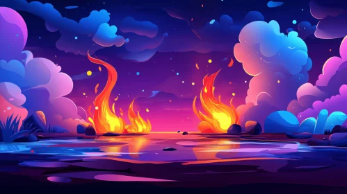 Colorful Abstract Flames Reflecting on Water