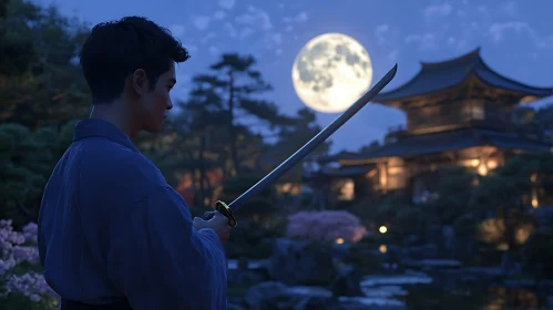 Moonlit Samurai with Katana