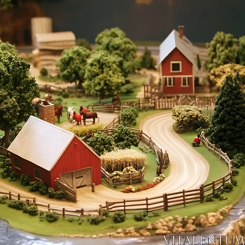 AI ART Quaint Miniature Farm with Grazing Horses