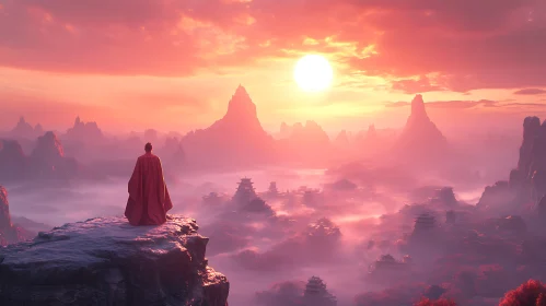 Figure Contemplates Valley Sunset
