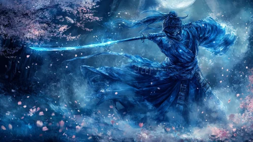 Moonlit Samurai with Sword