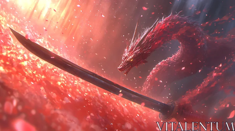 AI ART Crimson Dragon Behind Sword