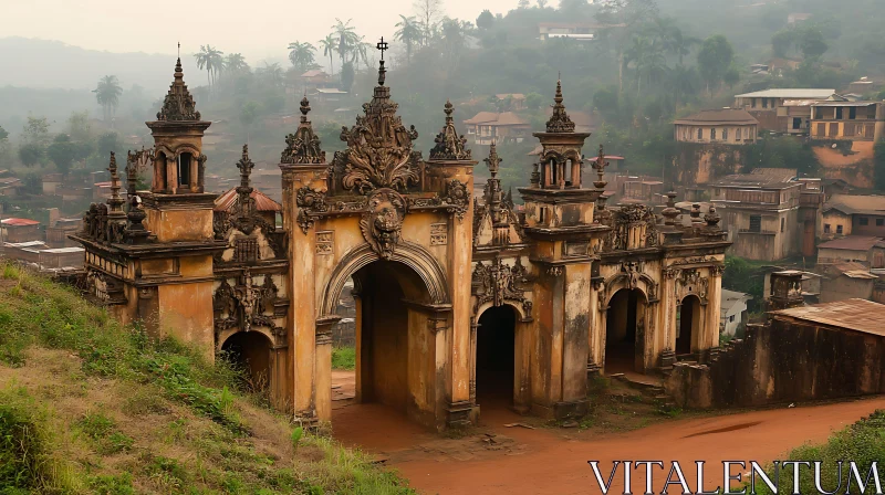 Ancient Ornate Gate in Foggy Landscape AI Image