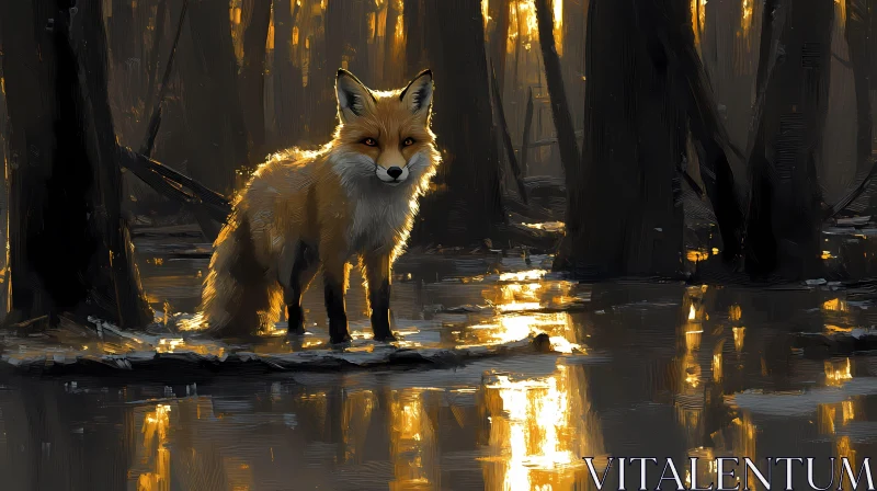 Golden Forest Fox Reflection AI Image