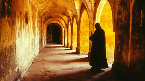 Monk Silhouette in Arched Corridor