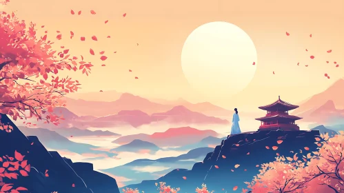 Serene Asian Mountain Vista with Temple