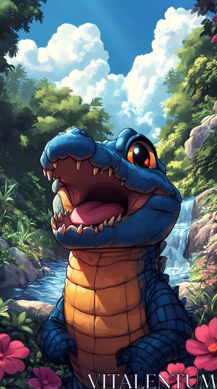 Playful Reptile by a Jungle Waterfall AI Image