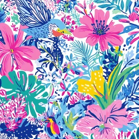 Colorful Floral Illustration with Exotic Bird