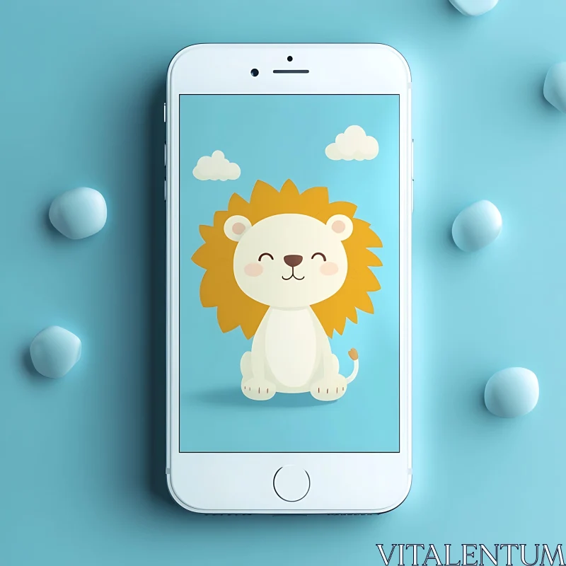 Adorable Lion Illustration on Smartphone Display AI Image