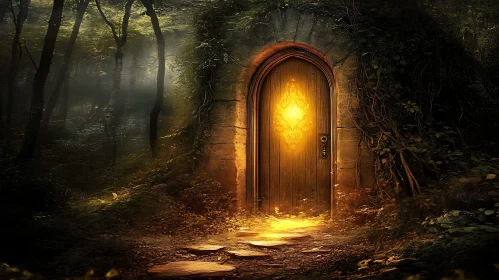 Mystical Glowing Door in Forest Scene