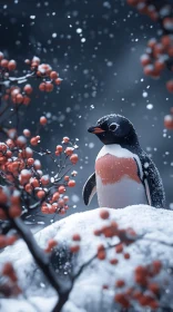 Winter Penguin and Berries Scene