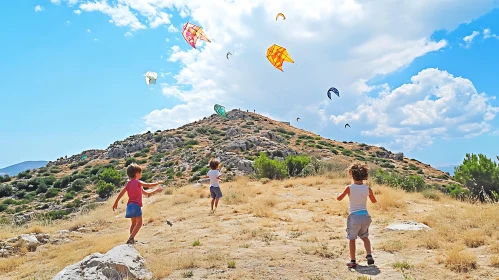 Kids Enjoying Kite Flying on Sunny Day