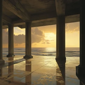 Golden Sunset at Sea Framed by Columns