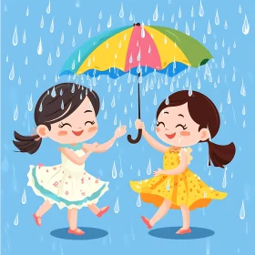 Cartoon Girls Playing in the Rain