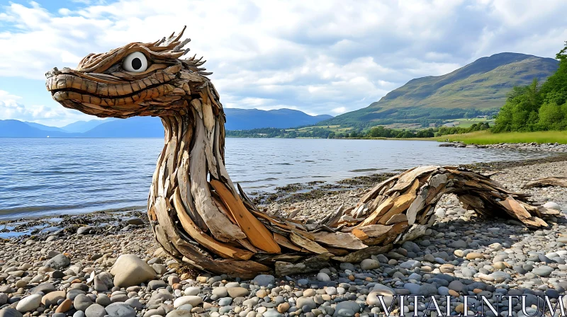 AI ART Wooden Nessie on Pebble Beach