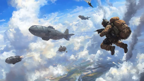 Aerial Warfare: Soldier Descends Amidst Spaceships