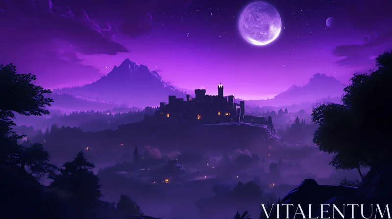 Purple Night Castle View AI Image