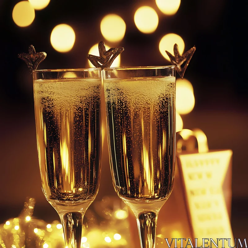 AI ART Golden Champagne Flutes with Star Decorations