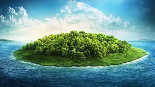 Lush Green Island in Calm Ocean Waters