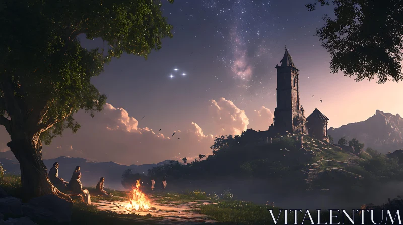 Campfire Under the Stars Near Ancient Tower AI Image