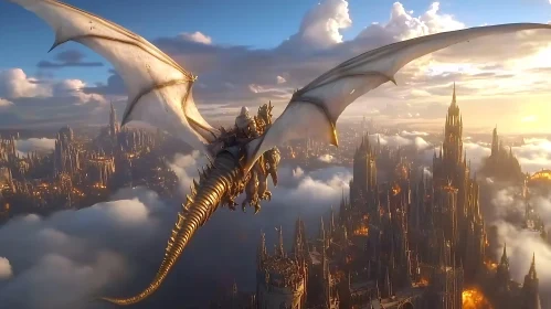 Fantasy Dragon and Rider Over City