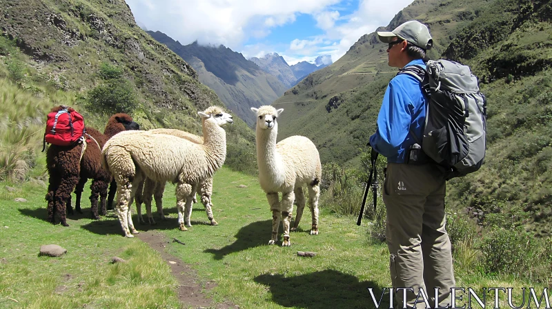 Alpacas and Hiker Encounter in the Mountains AI Image