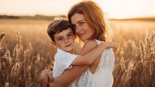 Mother's Love Embrace in Golden Field